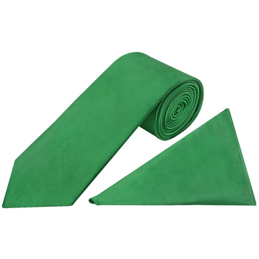 Plain Emerald Green Satin Classic Men's Tie and Pocket Square Set
