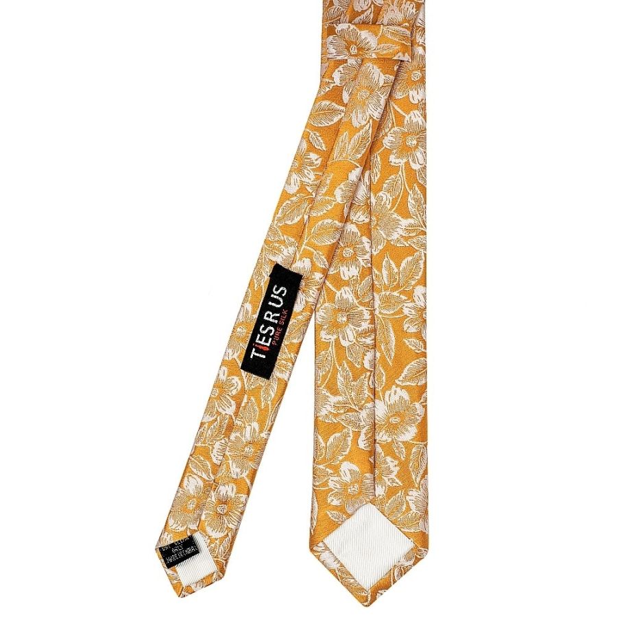 Mens Gold Floral Silk Skinny Tie and Pocket Square