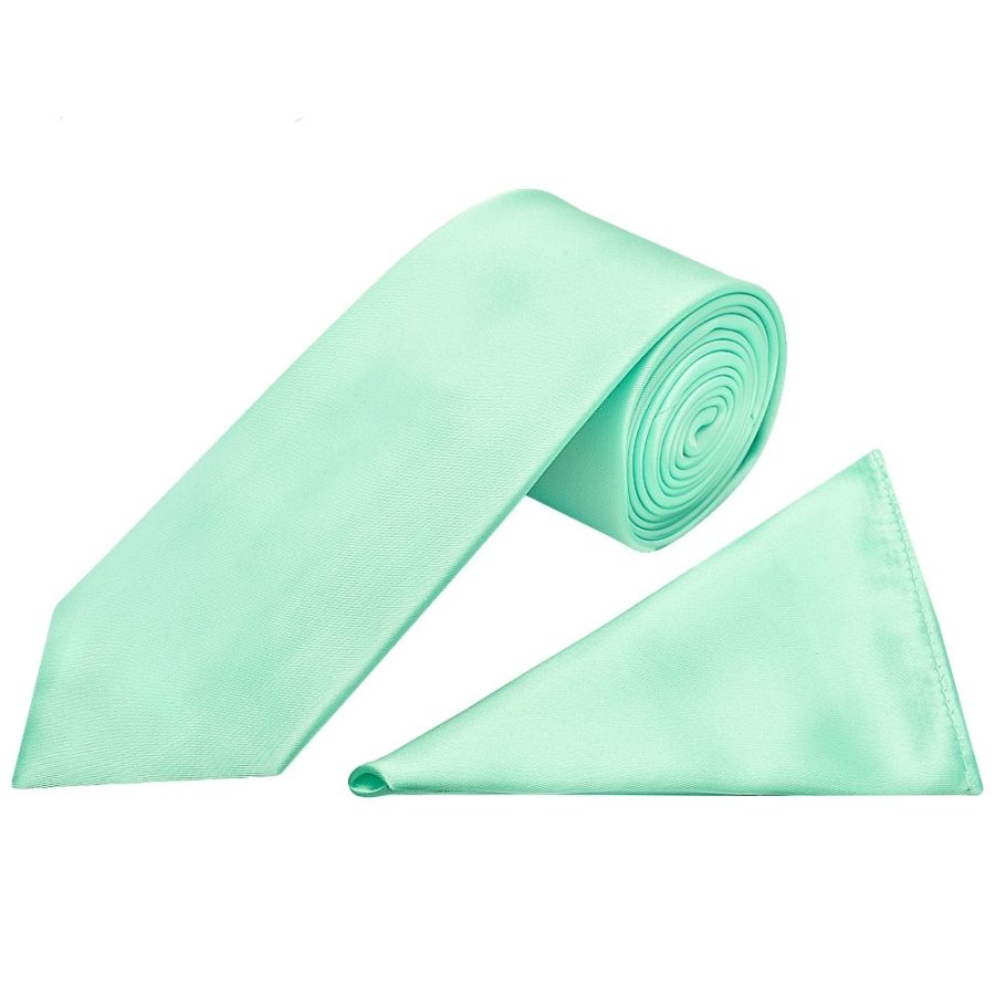Plain Mint Green Satin Classic Men's Tie and Pocket Square Set
