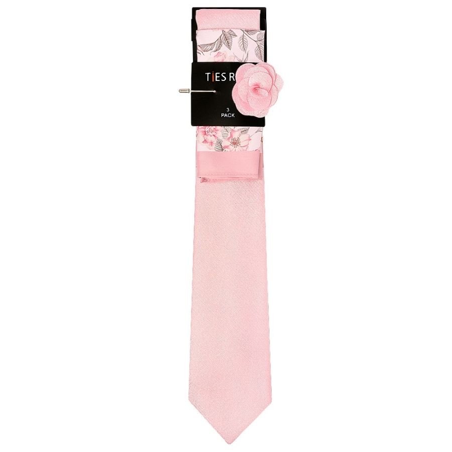 Classic Pink Mens Tie with Pocket Square and Lapel Pin Set
