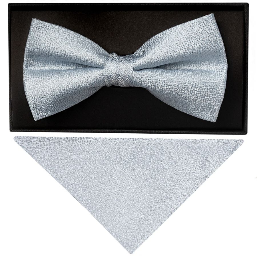 Plain Light Blue Textured Silk Mens Bow Tie and Pocket Square Set