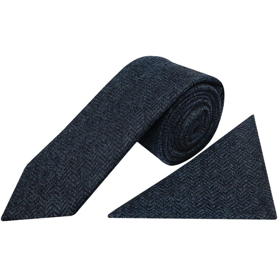 Mens Blue Herringbone Classic Tie and Pocket Square Set
