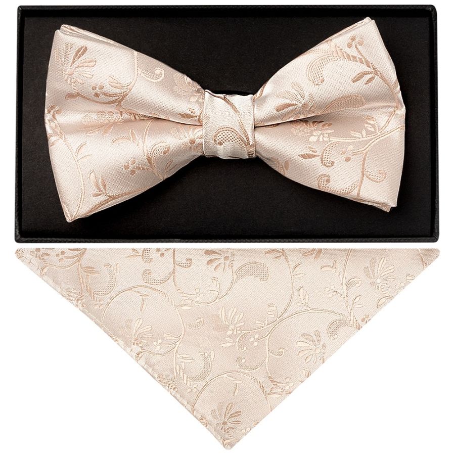Nude Floral Handmade Mens Bow Tie and Pocket Square Set