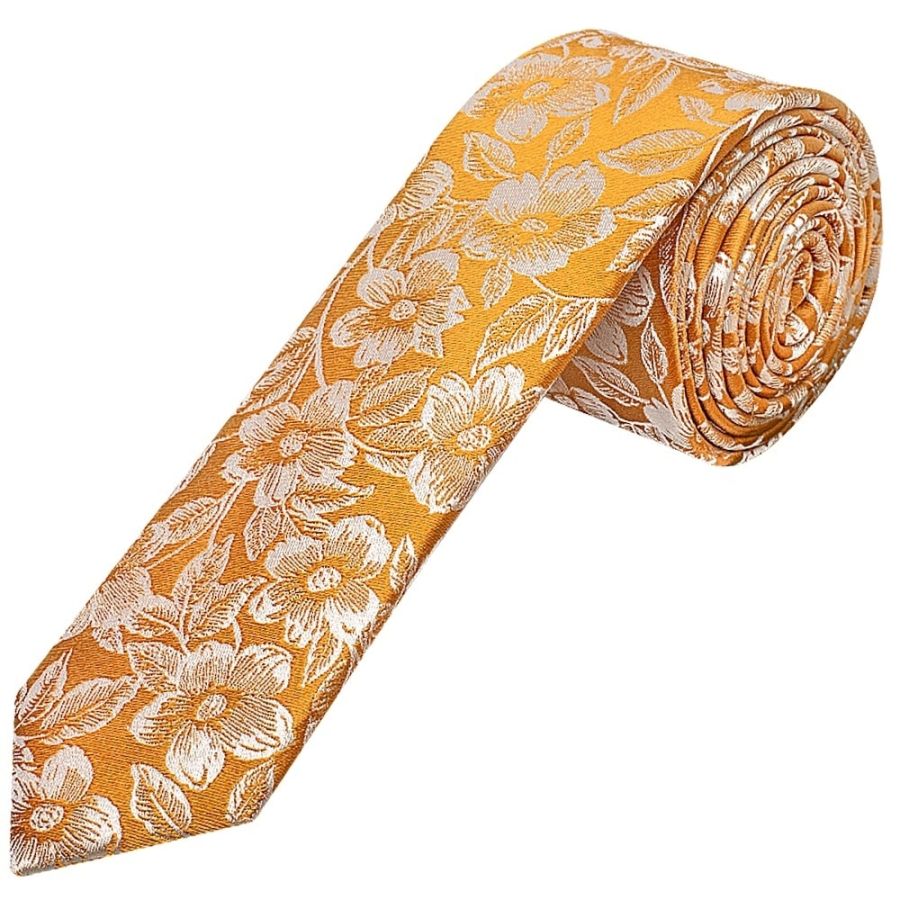 Mens Gold Floral Silk Skinny Tie and Pocket Square