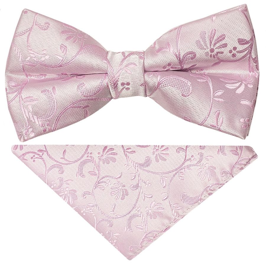 Pre Tied Light Dusty Pink Floral Boys Bow Tie and Pocket Square