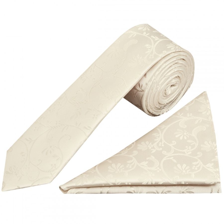 Ivory Floral Skinny Boys Tie and Pocket Square Set