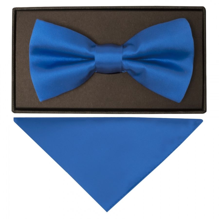 Plain Electric Blue Hand Made Mens Bow Tie and Pocket Square Set