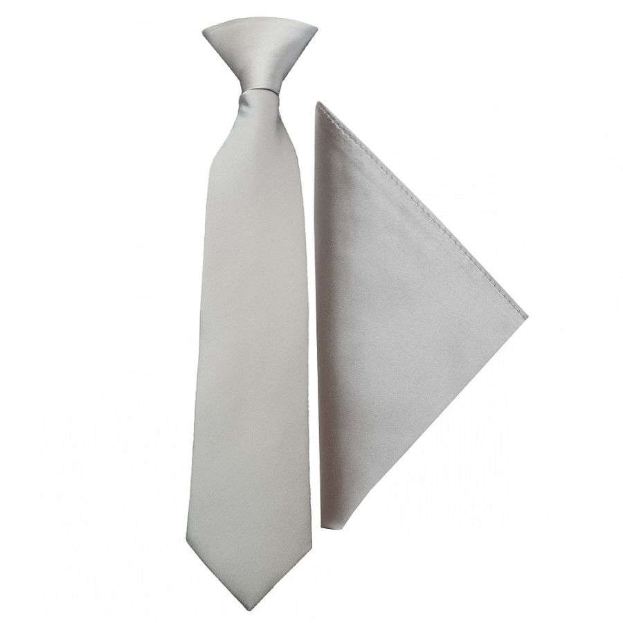 Pre Tied Silver Satin Boys Tie and Pocket Square Set Age 4-7