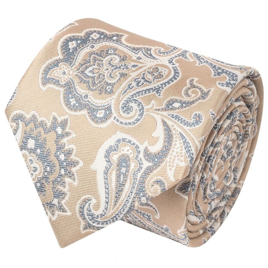 Champagne and Blue Paisley Classic Men's Tie and Pocket Square Set
