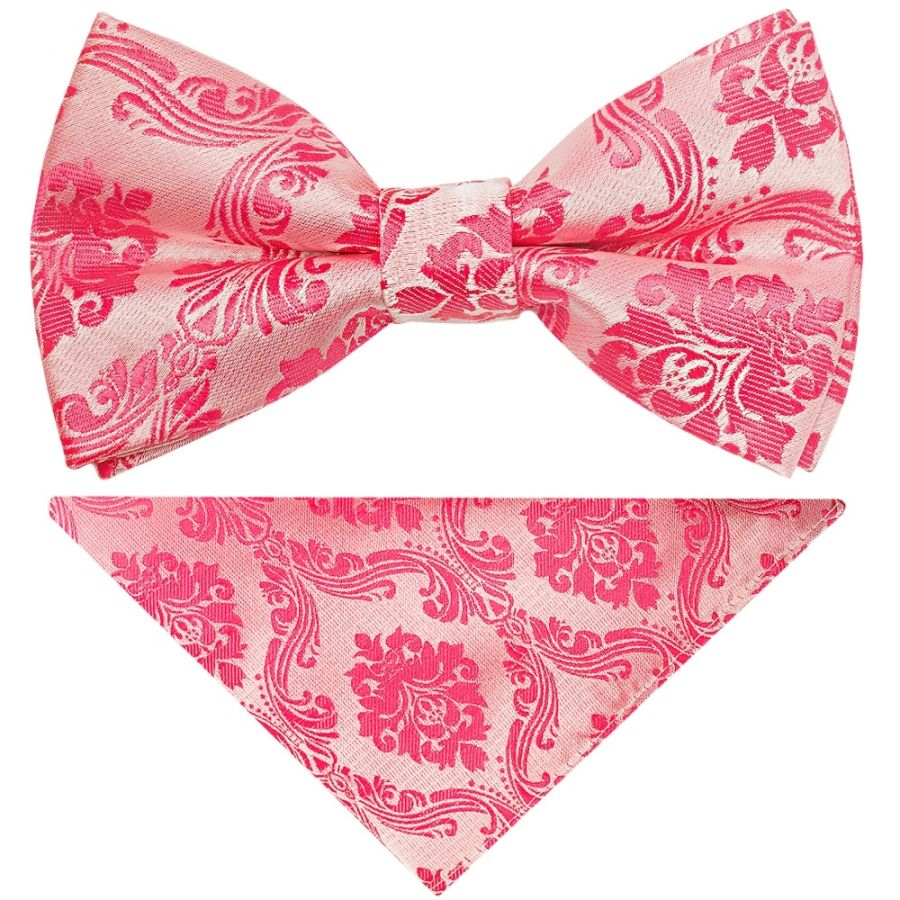 Pre Tied Light Coral Paisley Boys Bow Tie and Pocket Square Set