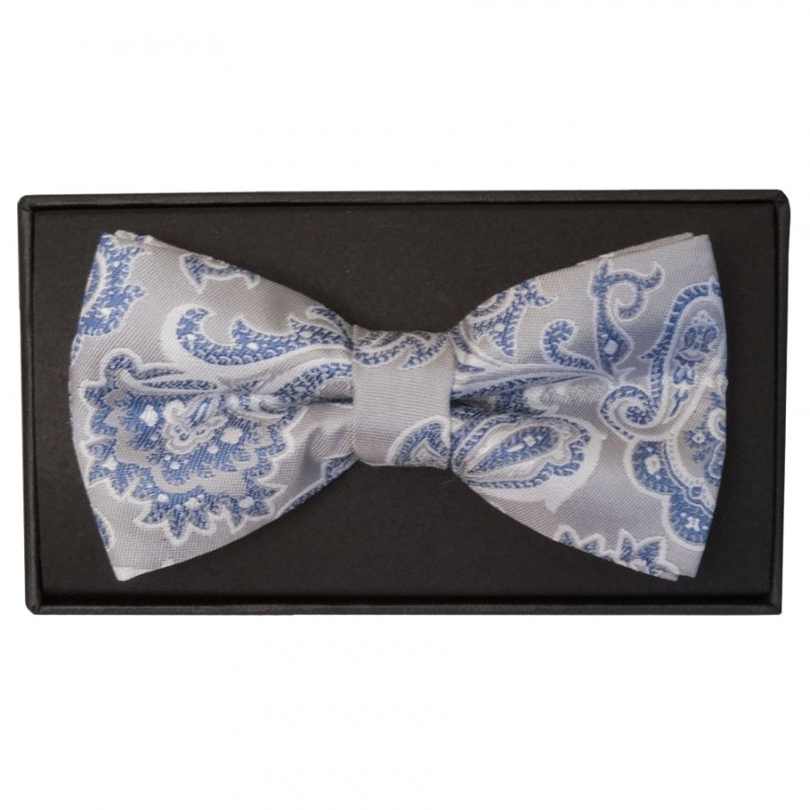 Silver and Blue Paisley Handmade Mens Bow Tie
