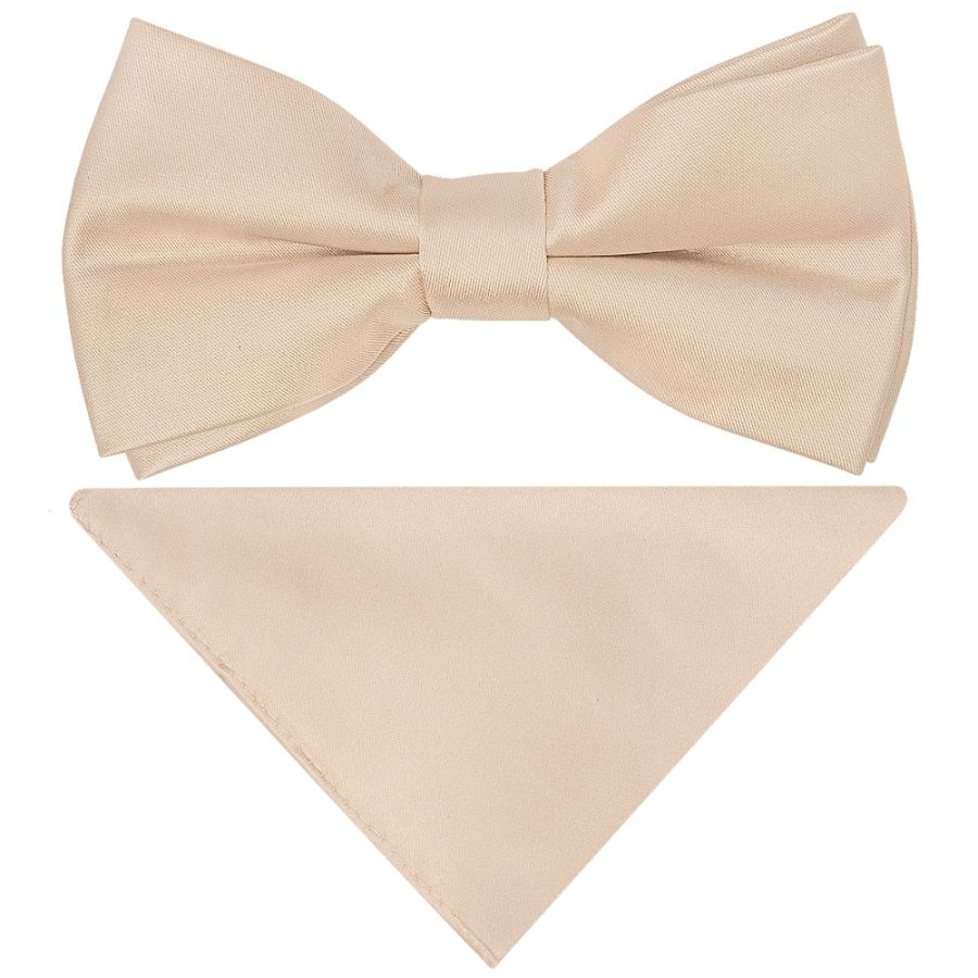 Pre Tied Nude Satin Boys Bow Tie and Pocket Square Set