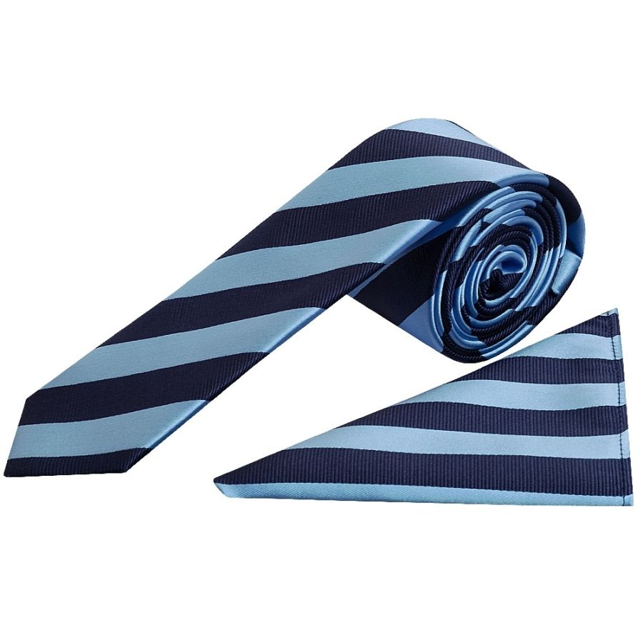 Navy and Light Blue Striped Skinny Men's Tie and Pocket Square Set