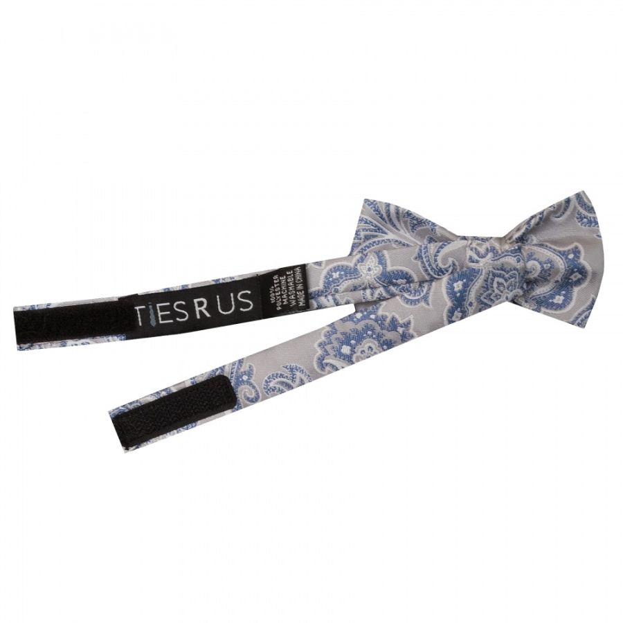 Pre Tied Silver and Blue Paisley Boys Bow Tie Age 4-7