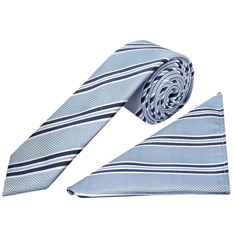 Blue Twin Stripe Skinny Men's Tie and Pocket Square Set