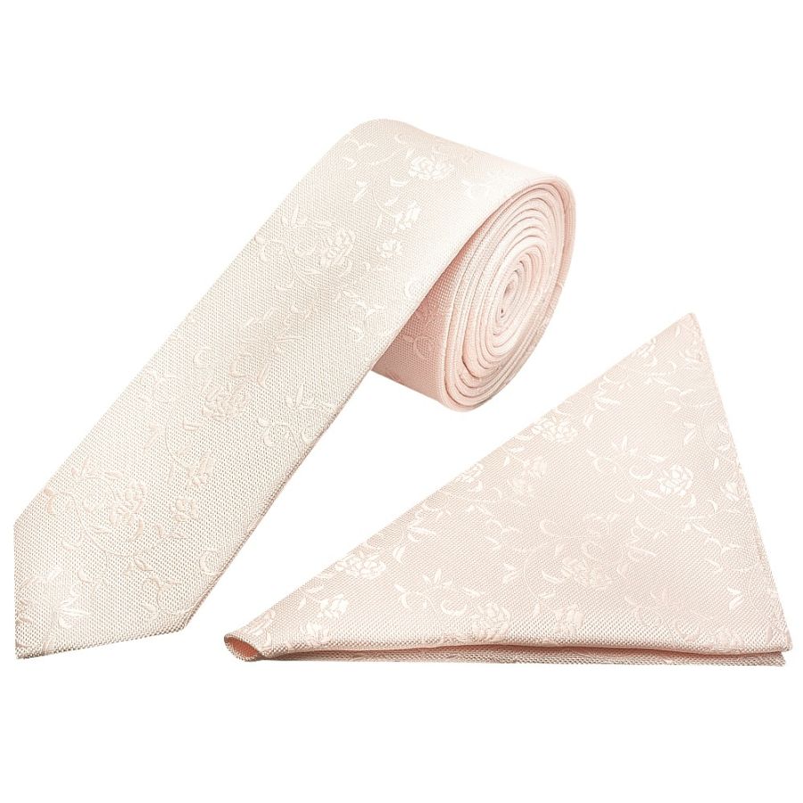 Blush Textured Floral Skinny Men's Tie Pocket Square Set