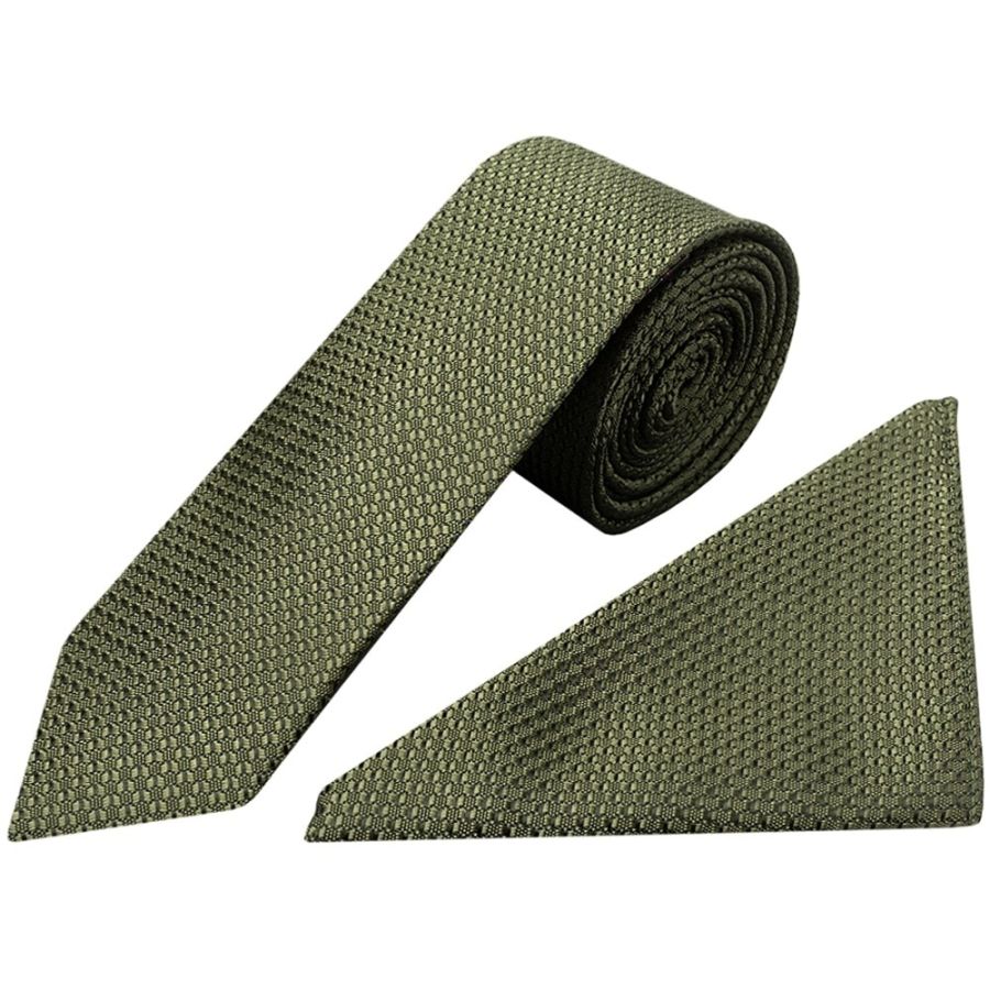 Olive Green Boys Textured Skinny Tie and Pocket Square Set