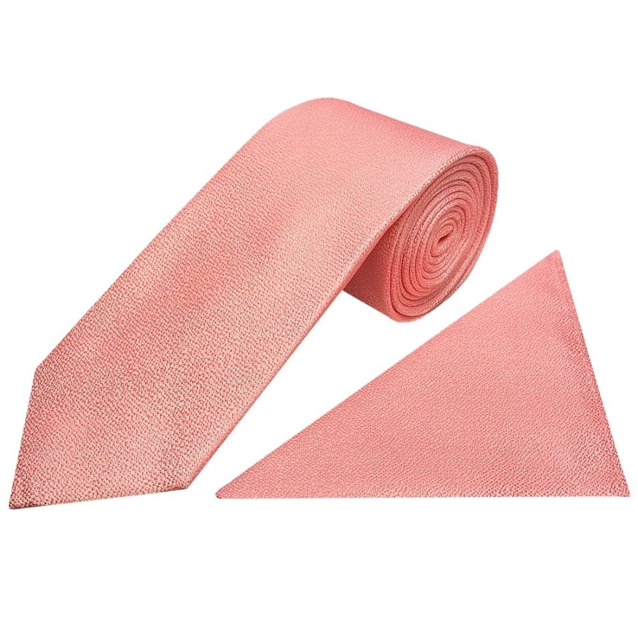 Plain Pink Textured Silk Classic Men's Tie and Pocket Square Set
