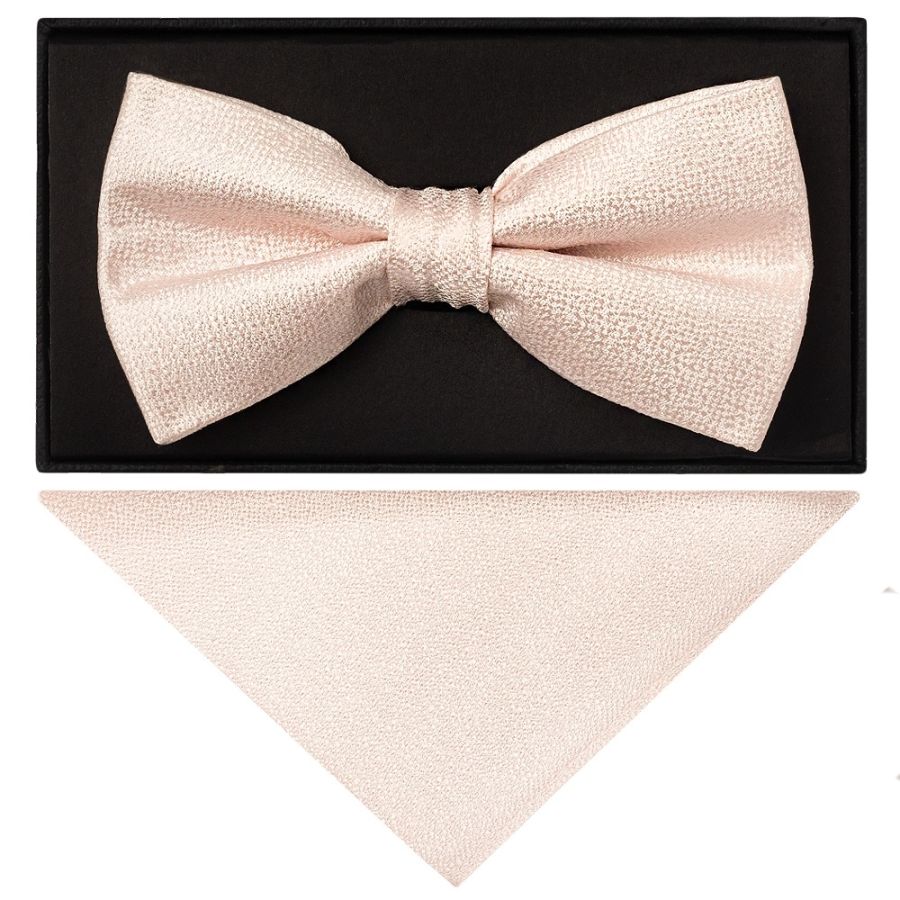 Blush Pink Textured Silk Men's Bow Tie and Pocket Square Set