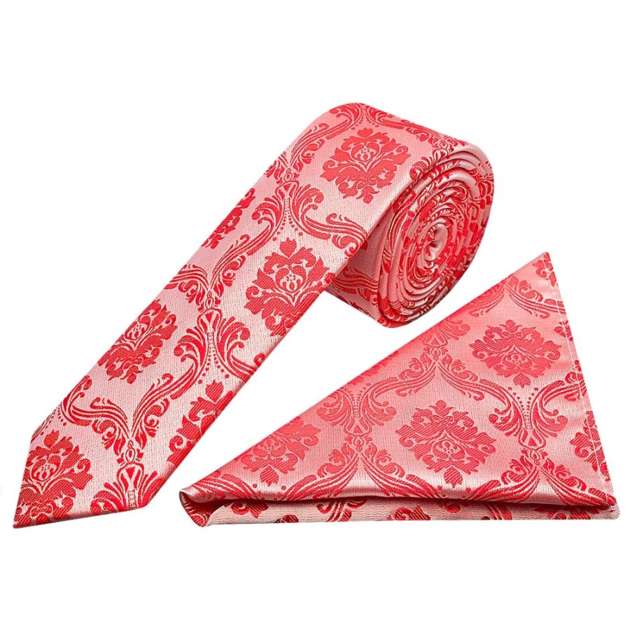 Bright Red Paisley Skinny Boys Tie and Pocket Square Set