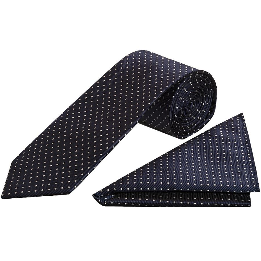 Navy Blue and White Polka Dot Classic Men's Tie Pocket Square Set