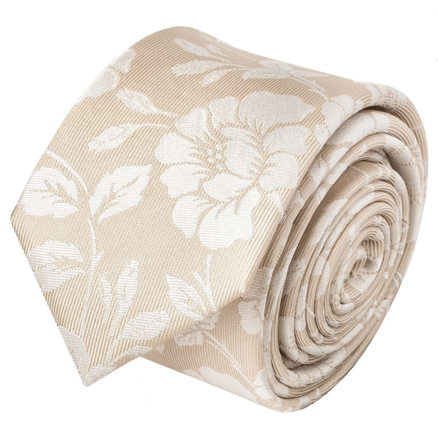 Champagne with White Floral Silk Skinny Tie