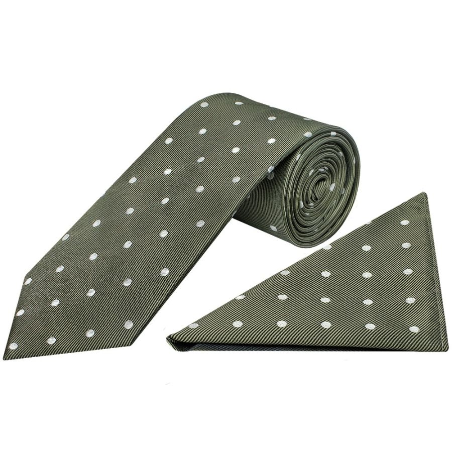 Olive Large White Spot Classic Men's Tie and Pocket Square Set