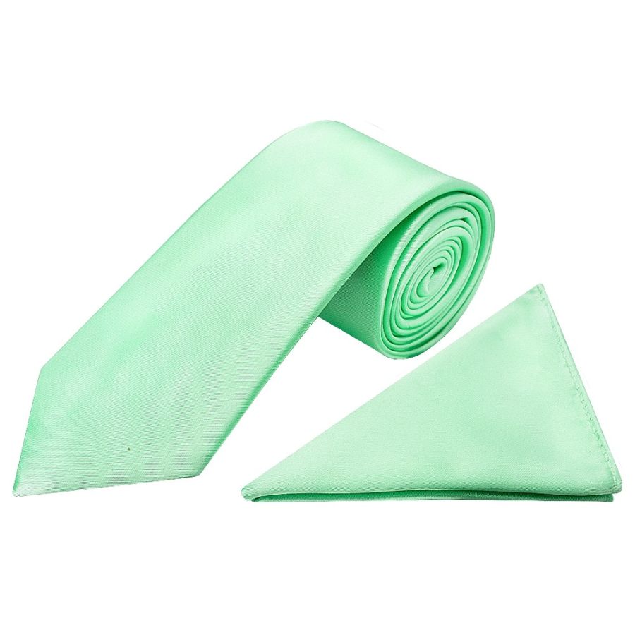Plain Seafoam Green Satin Classic Mens Tie and Pocket Square Set