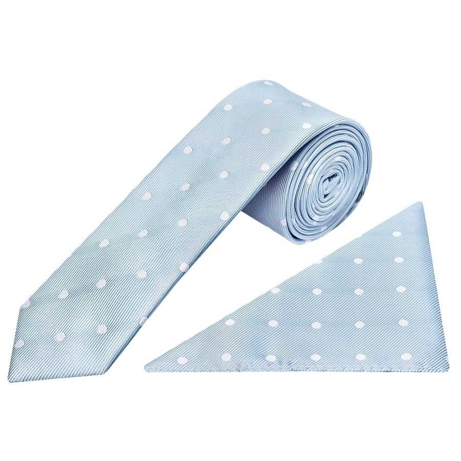 Light Blue Large White Spot Skinny Men's Tie and Pocket Square Set