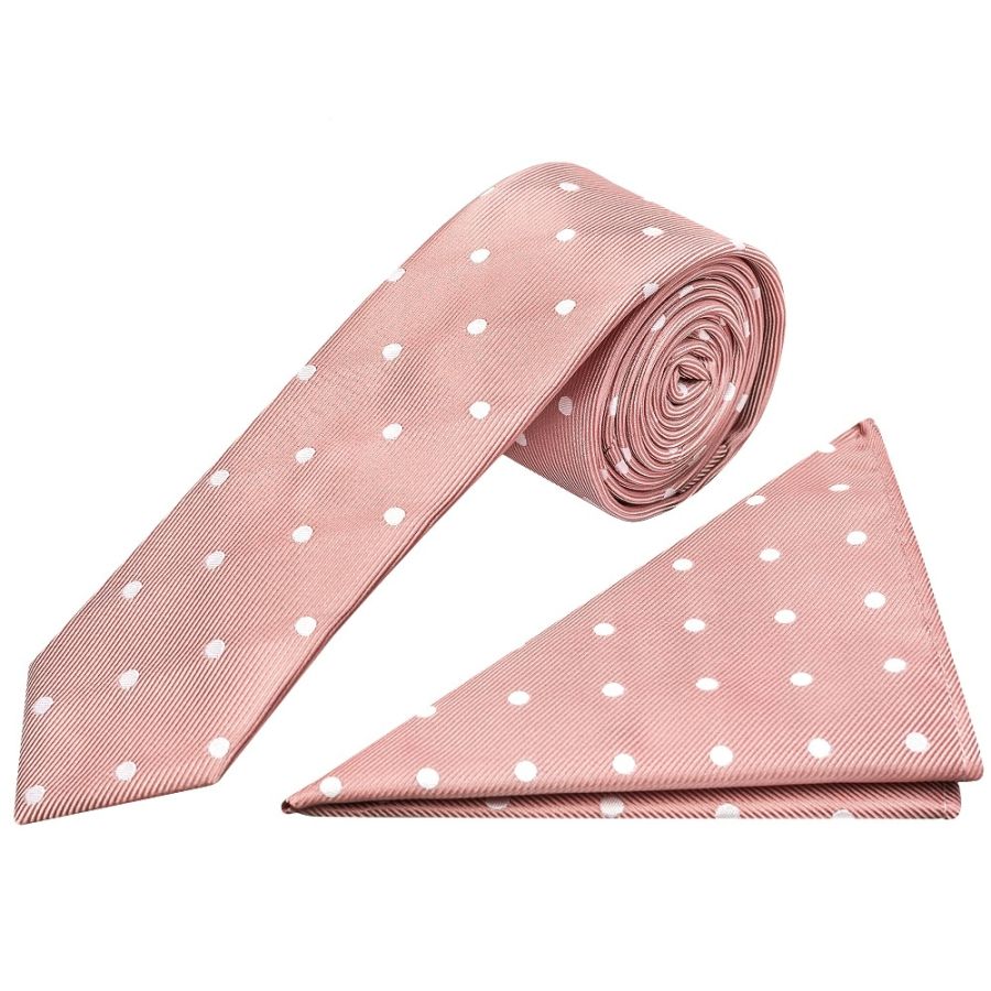 Rose Gold Large White Spot Skinny Men's Tie and Pocket Square Set