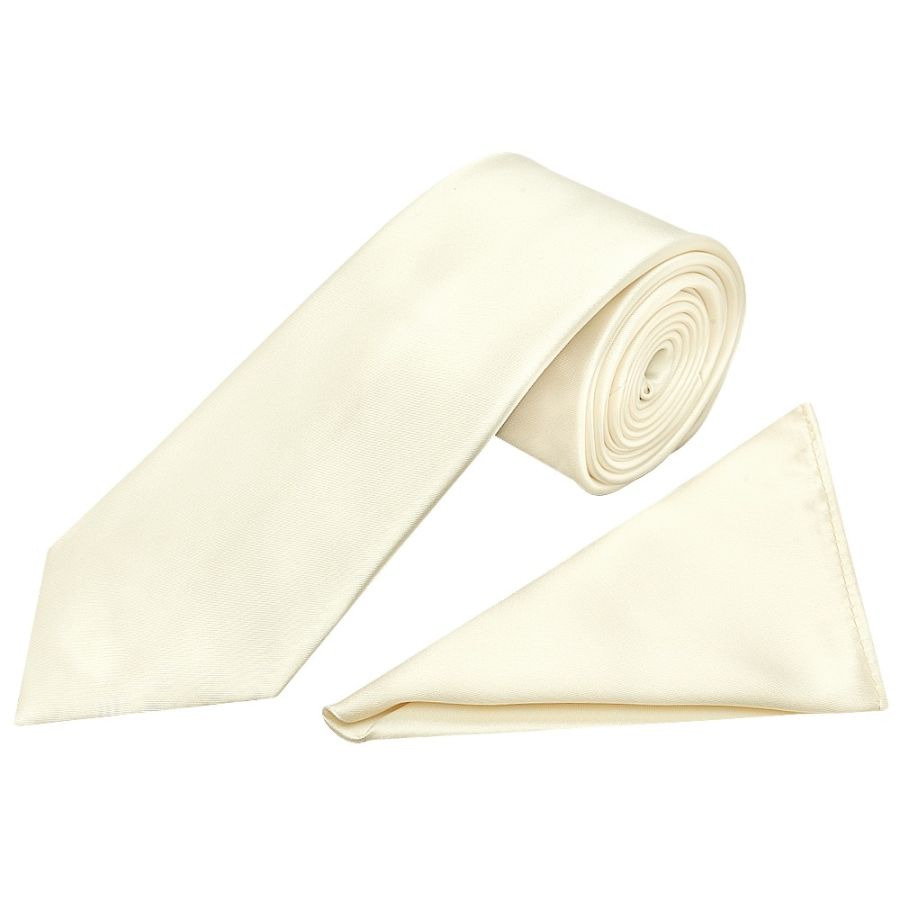 Plain Off White Satin Classic Men's Tie and Pocket Square Set