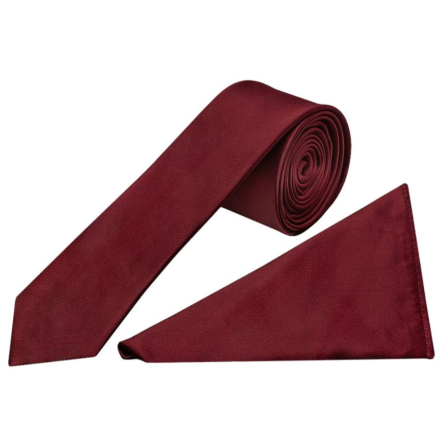 Plain Burgundy Satin Skinny Men's Tie and Pocket Square Set