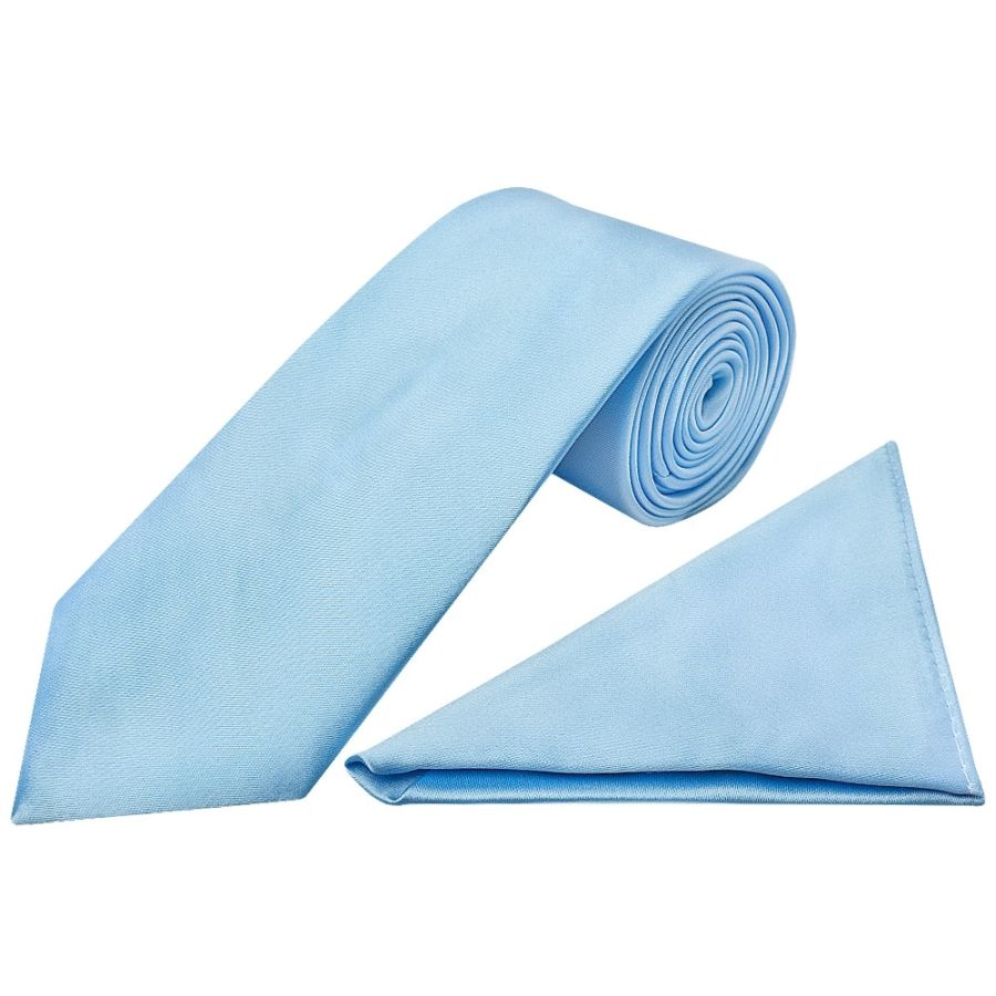 Plain Sky Blue Satin Classic Men's Tie and Pocket Square Set