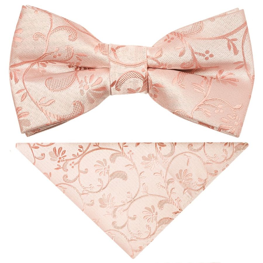 Pre Tied Rose Quartz Floral Boys Bow Tie and Pocket Square Set