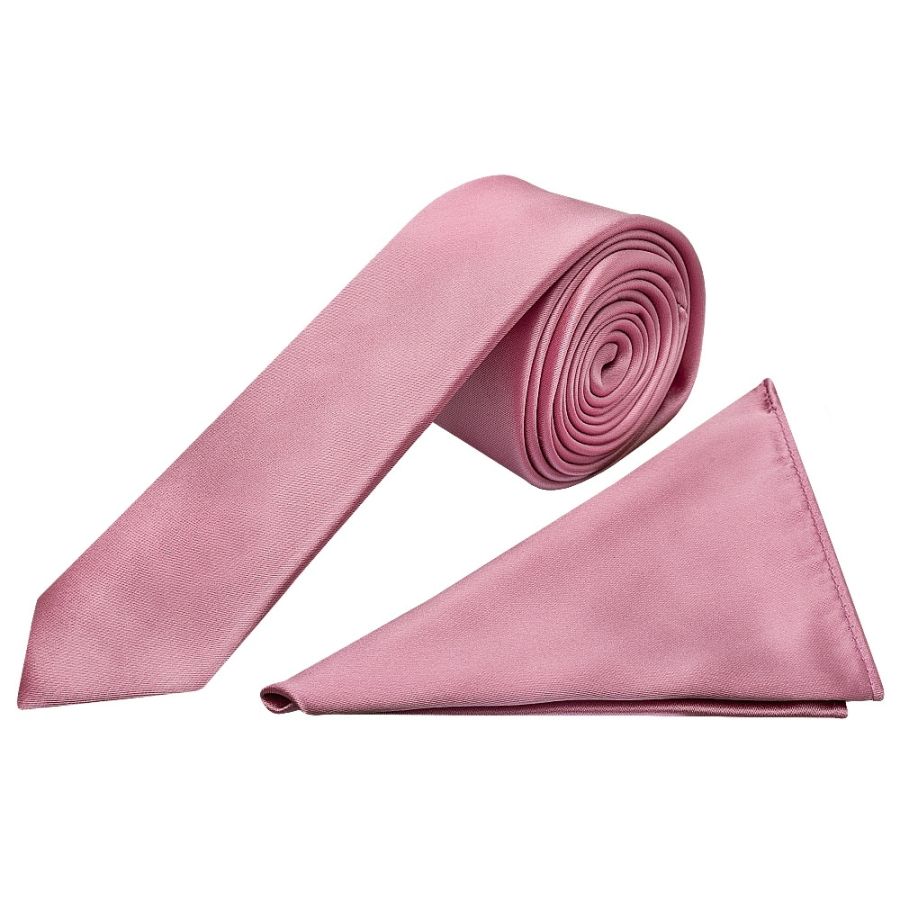 Dusty Pink Satin Skinny Men's Tie and Pocket Square Set
