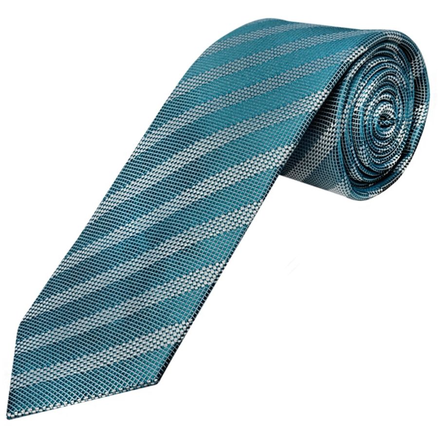 Mens Teal Textured Stripe Silk Classic Tie Pocket Square and Cufflinks Box Set