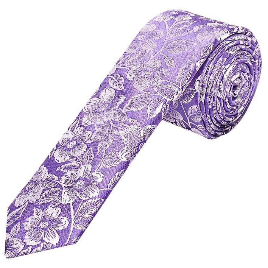 Mens Lilac Floral Silk Skinny Tie and Pocket Square
