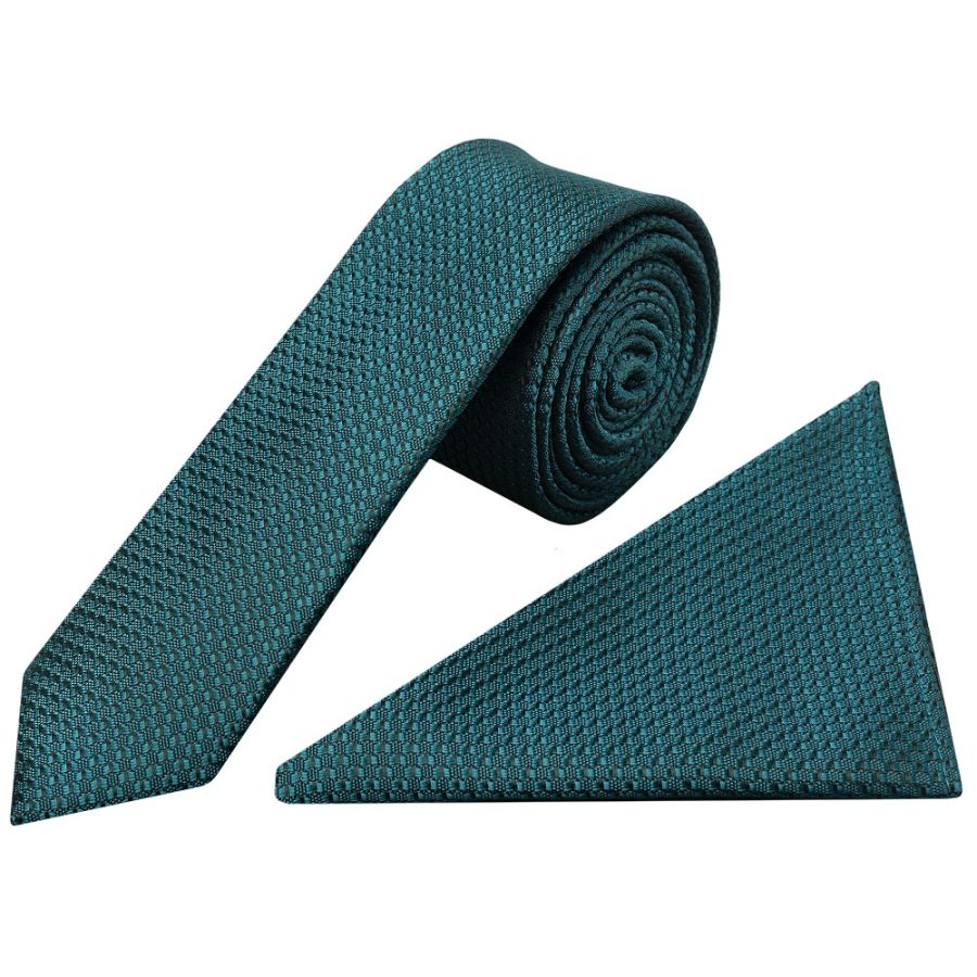 Teal Textured Skinny Tie and Pocket Square Set