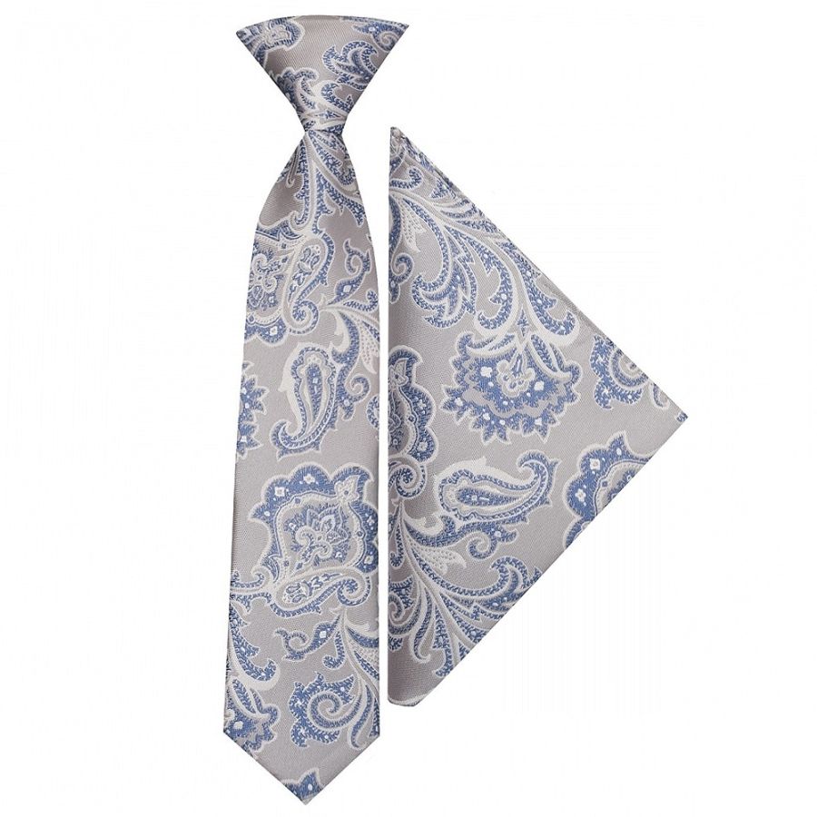 Pre Tied Silver and Blue Paisley Boys Tie and Pocket Square Set Age 4-7