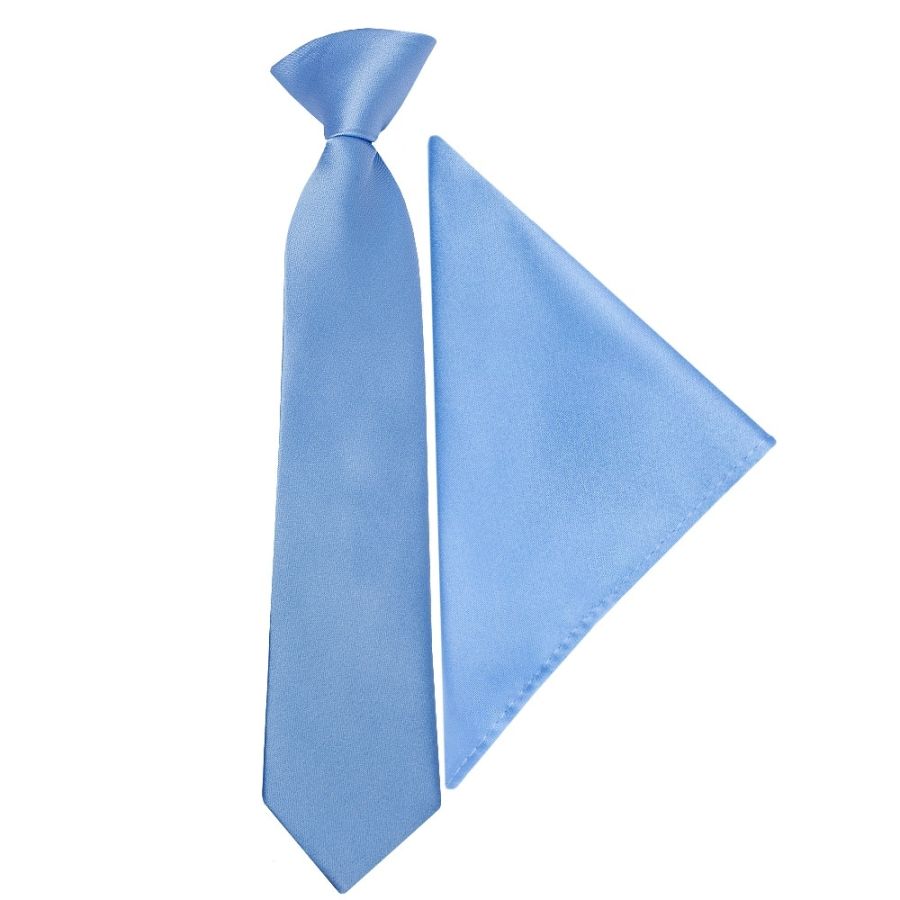 Pre Tied Steel Blue Satin Boys Tie and Pocket Square Set Age 4-7 