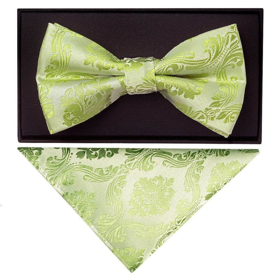 Sage Green Paisley Handmade Mens Bow Tie and Pocket Square
