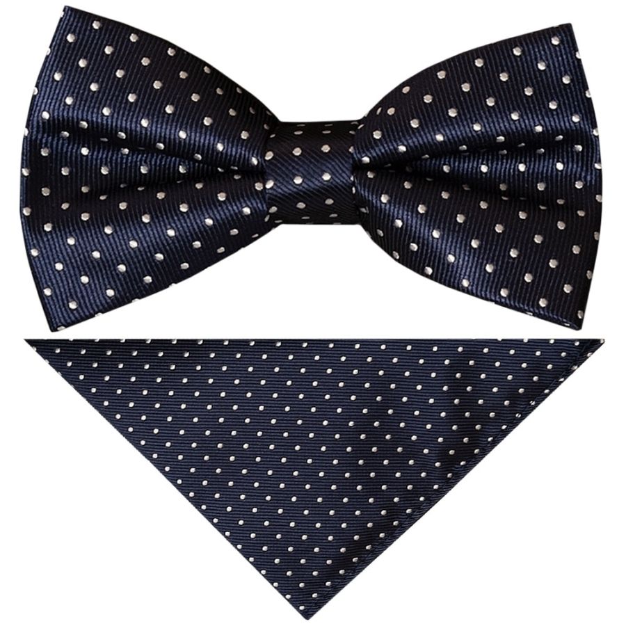 Pre Tied Navy and White Polka Dot Boys Bow Tie and Pocket Square Set Age 4-7