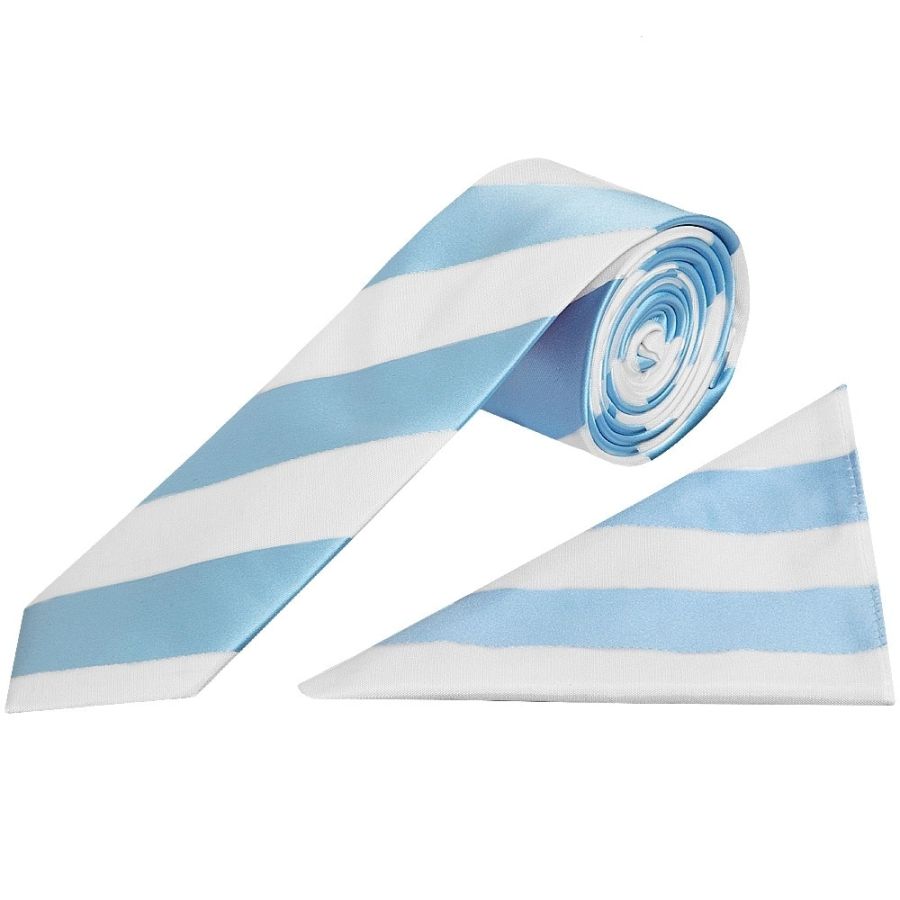 Sky Blue and White Striped Skinny Boys Tie and Pocket Square Set