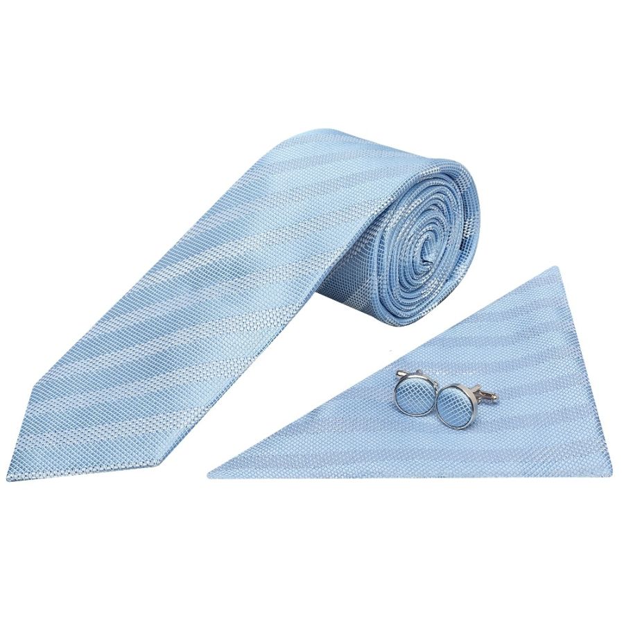 Mens Dusty Blue Textured Stripe Silk Classic Tie Pocket Square and Cufflinks Box Set