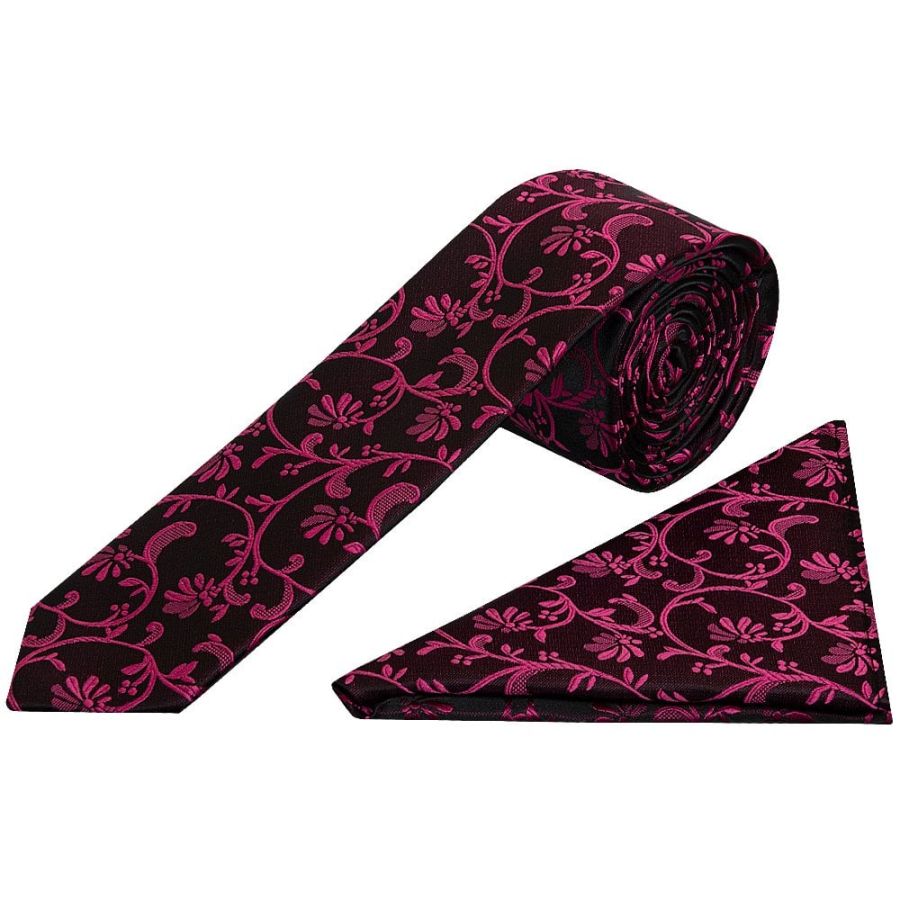 Black with Fuchsia Floral Skinny Boys Tie and Pocket Square Set
