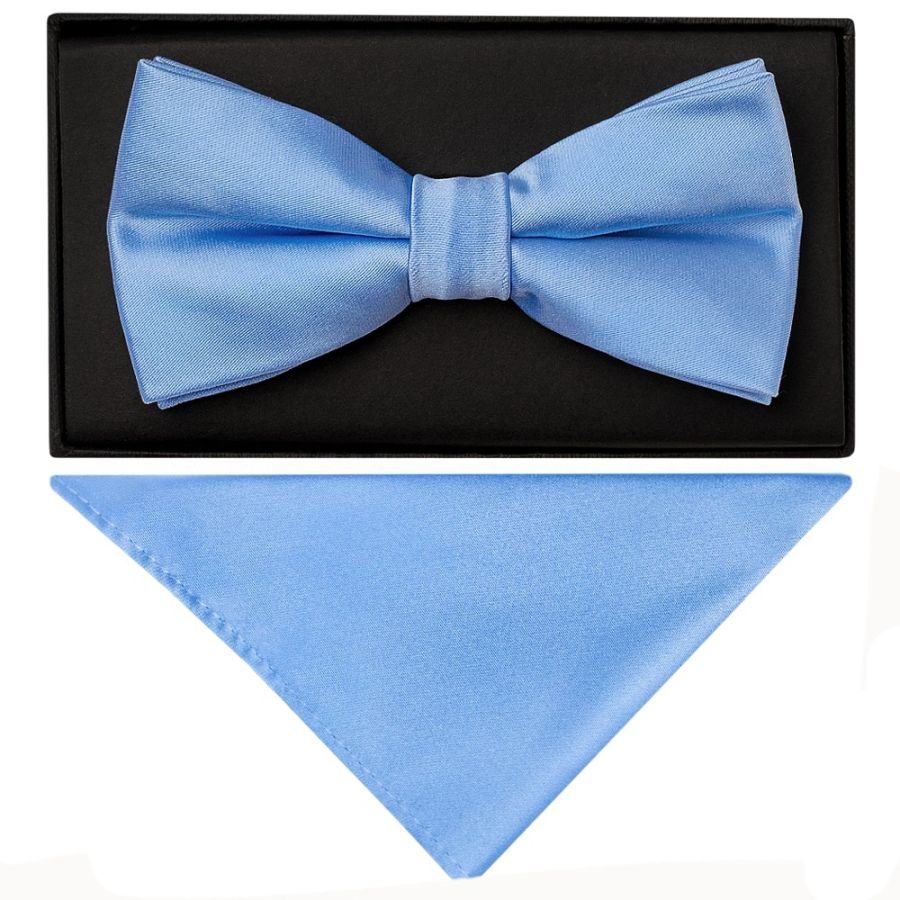 Plain Steel Blue Satin Handmade Mens Bow Tie and Pocket Square Set