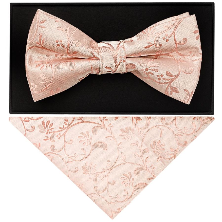 Rose Quartz Floral Handmade Mens Bow Tie and Pocket Square Set