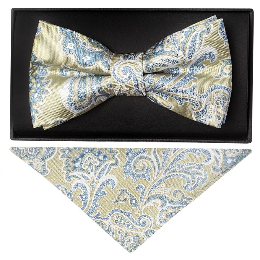 Green and Blue Paisley Handmade Mens Bow Tie and Pocket Square Set