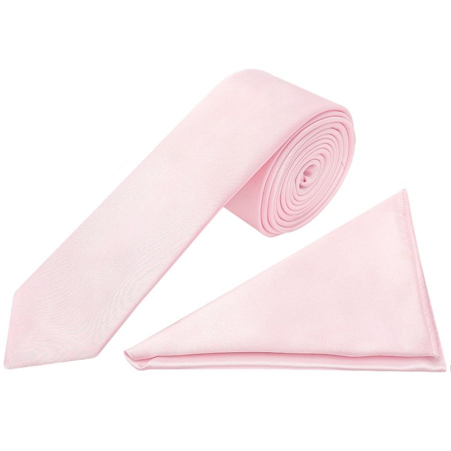 Plain Blush Pink Satin Skinny Men's Tie and Pocket Square Set
