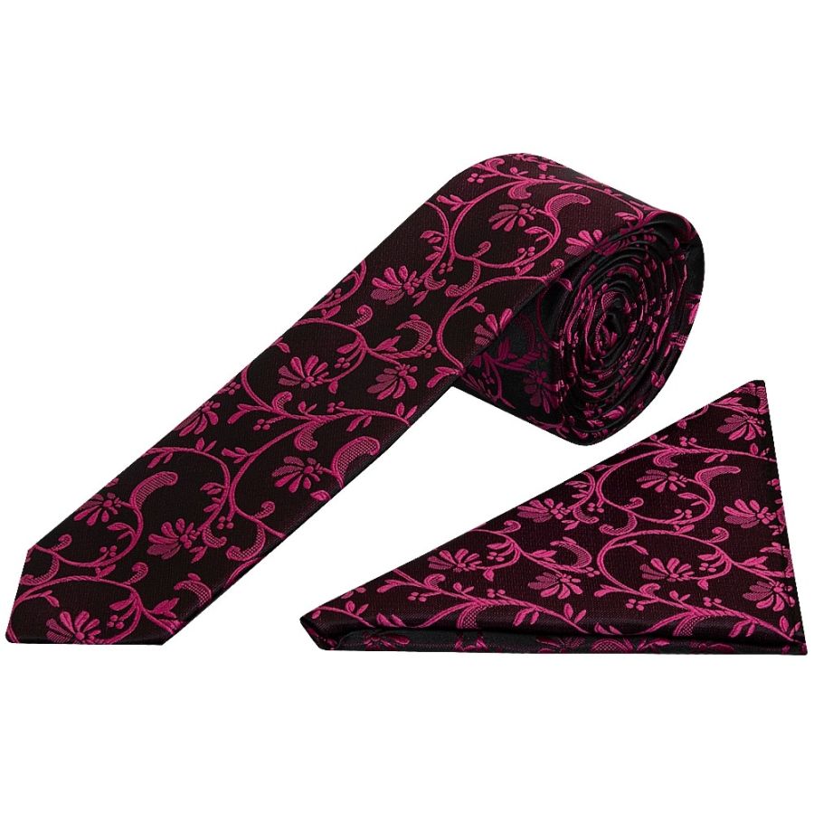 Black with Fuchsia Floral Skinny Men's Tie and Pocket Square Set